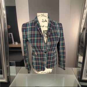 Hugo Boss Women Jilesa Blazer Jacket Sz 2 Checkered Navy Blue Long Sleeve Plaid